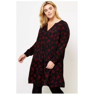 Loft Black Red Floral Long Sleeve Dress Size Large baby doll split neck swing